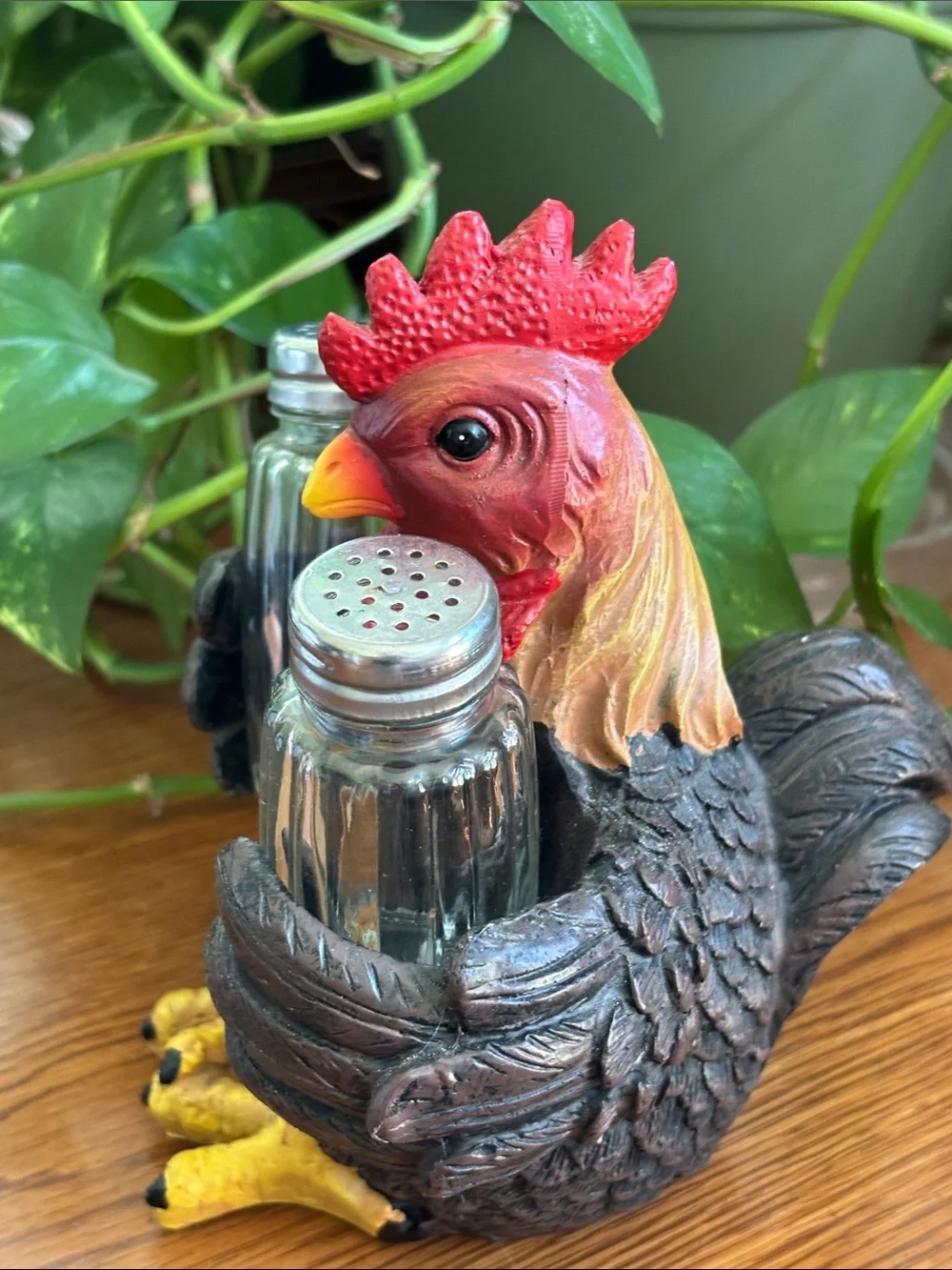 Decorative Rooster Salt and Pepper Shaker Holder - Brown and Yellow